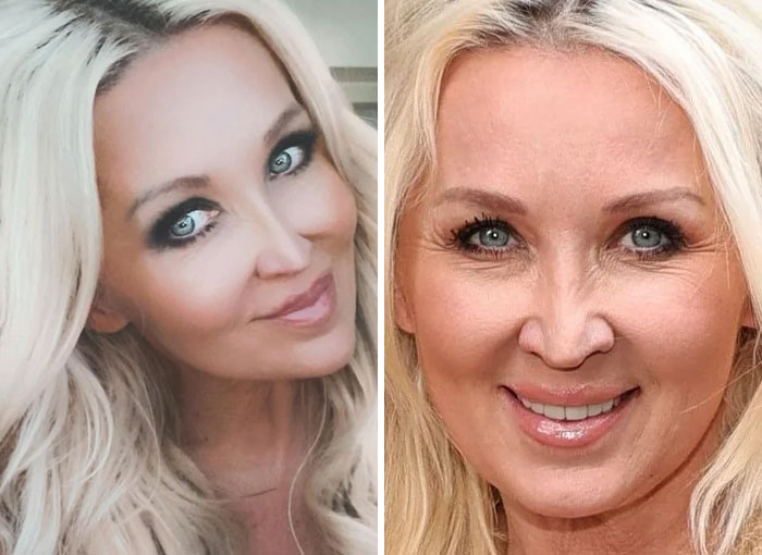 Side-by-side comparison of Instagram vs reality pics showing differences in appearance and lighting effects on a blonde woman’s face.
