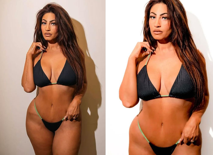 Side-by-side Instagram vs reality pics of a woman in a black bikini highlighting differences in body appearance.