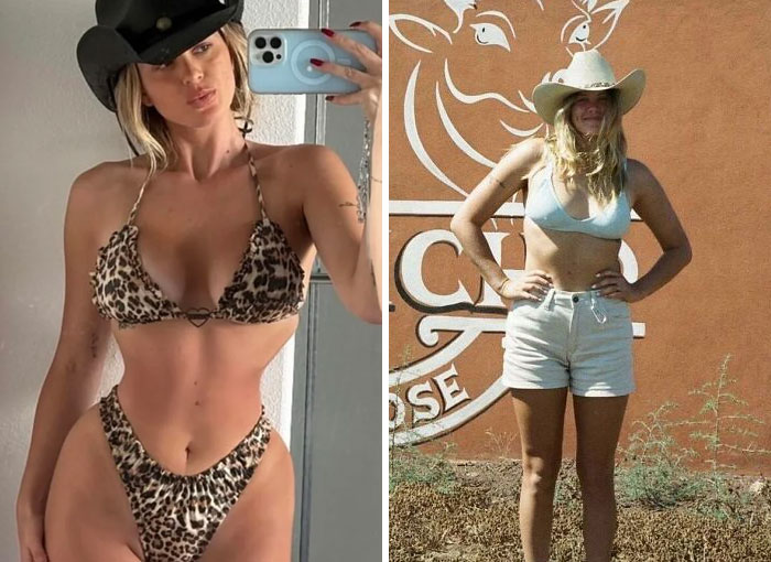 Side-by-side Instagram vs reality photos of a woman in a bikini and a cowboy hat illustrating social media contrast.