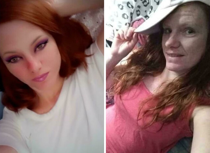 Side-by-side Instagram vs reality pics showing the contrast in appearance and makeup effects on the same woman.