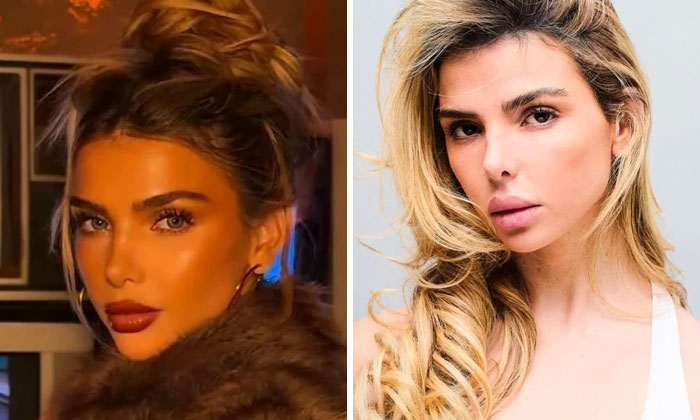 Side-by-side Instagram vs reality photos of a woman showing differences in appearance and lighting effects.