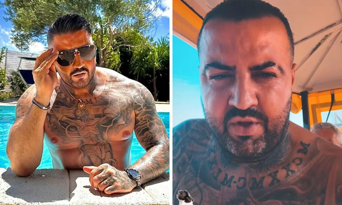 Side-by-side Instagram vs reality pics of a tattooed man by the pool and close-up indoors, showing contrast in appearance.