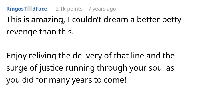 Comment text praising a petty revenge story about a lady stealing a couple's parking spot and getting served revenge.