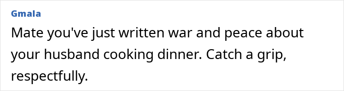 Comment criticizing husband cooking dinner, reflecting woman regrets trip with friend and husband after plans get ruined and tensions boil.