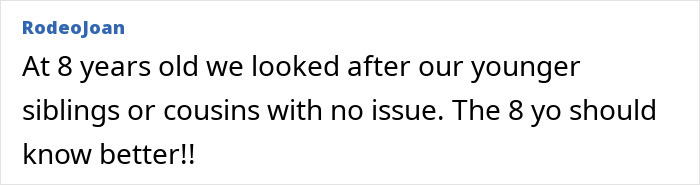 Comment text discussing how an 8-year-old cared for younger siblings, relating to husband left baby on a mown lawn. Comment text discussing how an 8-year-old cared for younger siblings, relating to husband left baby on a mown lawn.
