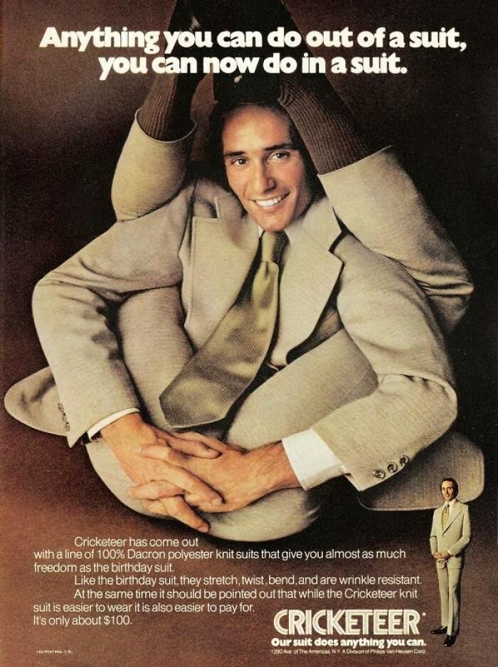 Vintage advertisement showing a smiling man in a flexible suit highlighting freedom and comfort in vintage advertisements.
