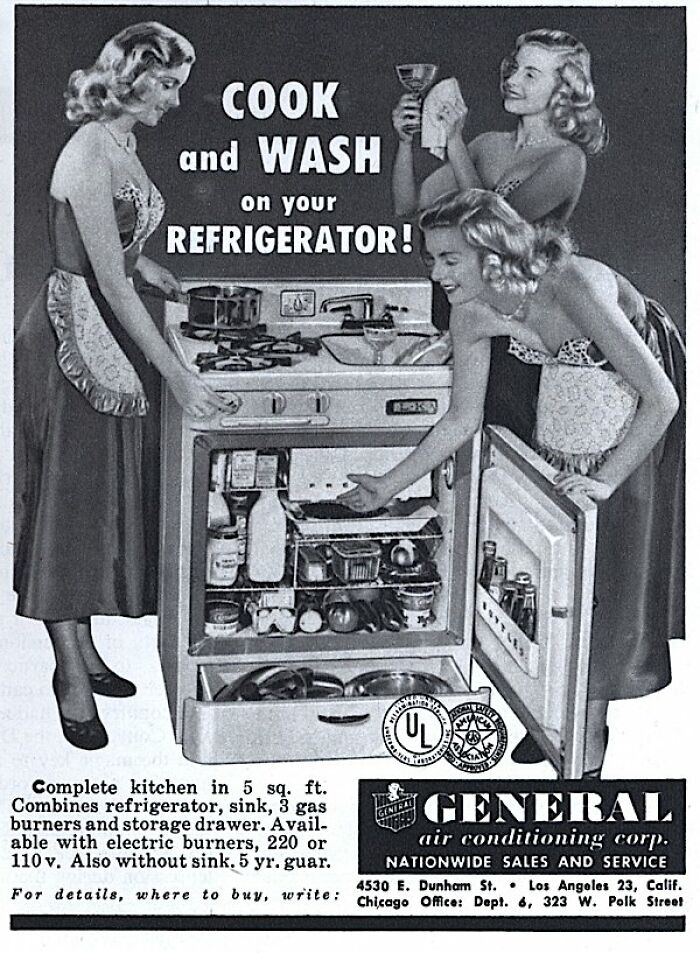 Three women in vintage dresses use a combined refrigerator and stove in a fascinating vintage advertisements image.