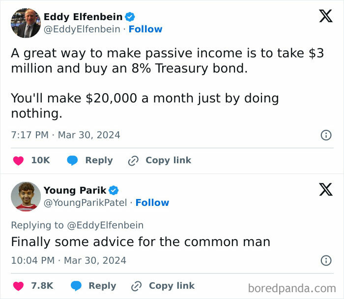 Screenshot of tweets showing a facepalm moment with flawed financial advice missing basic logic.