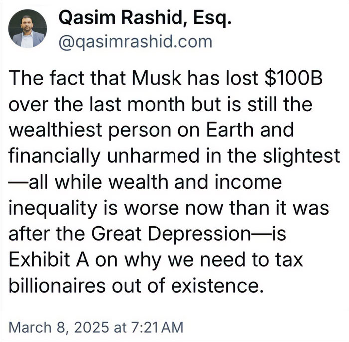 Tweet by Qasim Rashid discussing wealth inequality, billionaire tax, and financial logic facepalm moments.