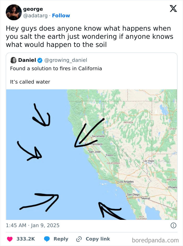 Tweet showing a map of California with arrows pointing to the ocean, illustrating a facepalm moment about basic logic and salt in soil.