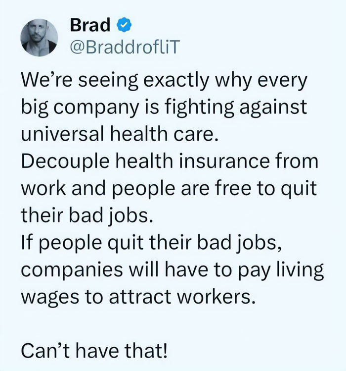 Tweet explaining why big companies fight universal health care, highlighting basic logic absence in economic arguments.