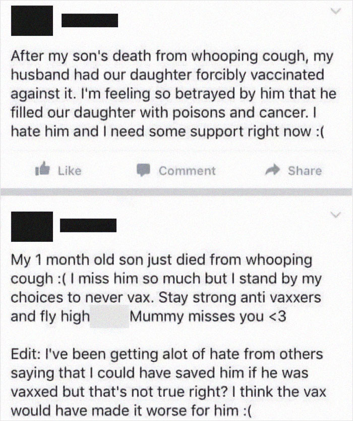 Social media posts showing facepalm moments about anti-vax beliefs and basic logic missing in vaccine decisions.