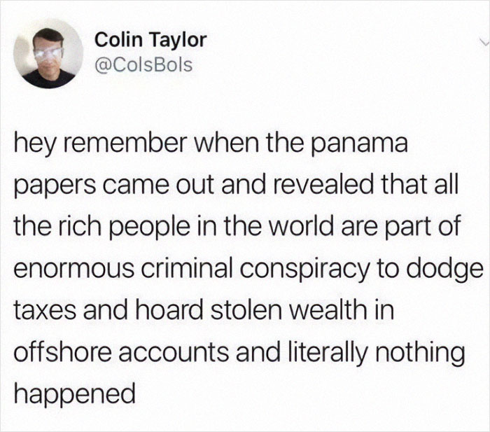 Tweet highlighting a facepalm moment about the Panama Papers revealing tax dodging by the rich with no consequences.
