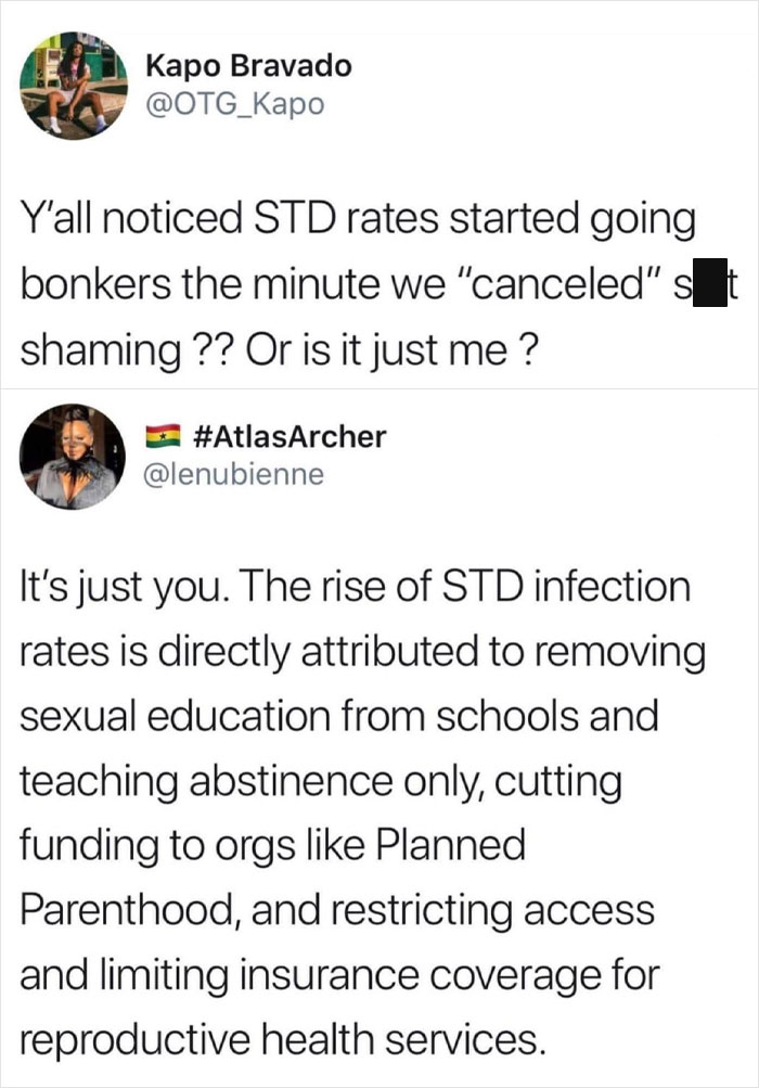 Tweet conversation discussing rise in STD rates linked to lack of s****l education and reduced reproductive health services access.