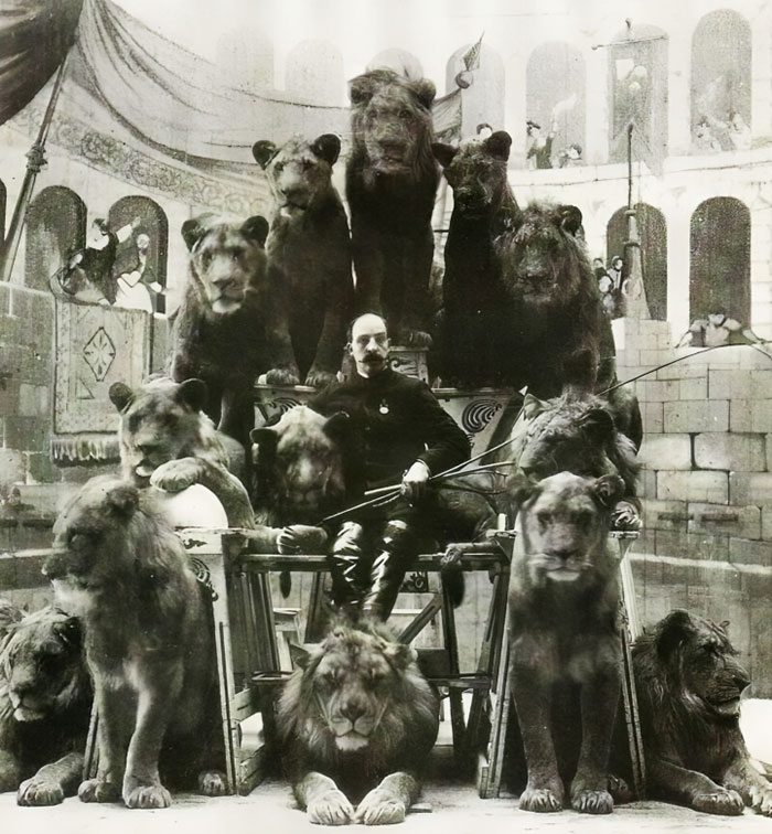 Man posing with a group of lions in a cage, showcasing a rare and wild historical photo moment.