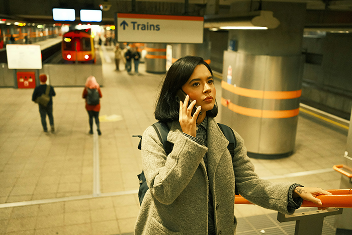 Woman talking on phone at train station with sign in background, main focus on lady and husky story keywords. - 1