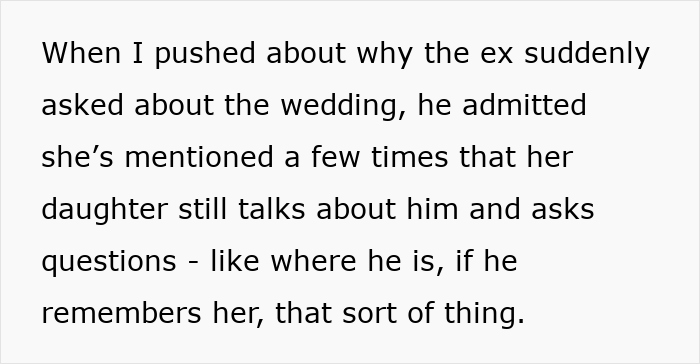 Text excerpt discussing a fiance and non biological child wedding, focusing on ex-partner's concerns about the daughter.