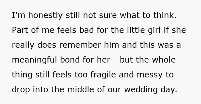 Text excerpt discussing emotional complexity of fiance and non-biological child relationship on their wedding day.