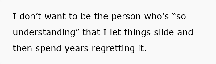 Text on screen showing a thoughtful quote about regret and understanding in the context of fiance non biological child wedding.