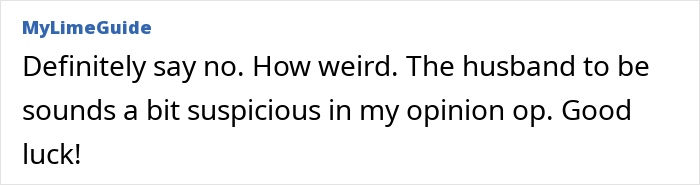 Comment expressing doubt about a fiance and non-biological child relationship before a wedding, mentioning suspicion and wishing good luck.