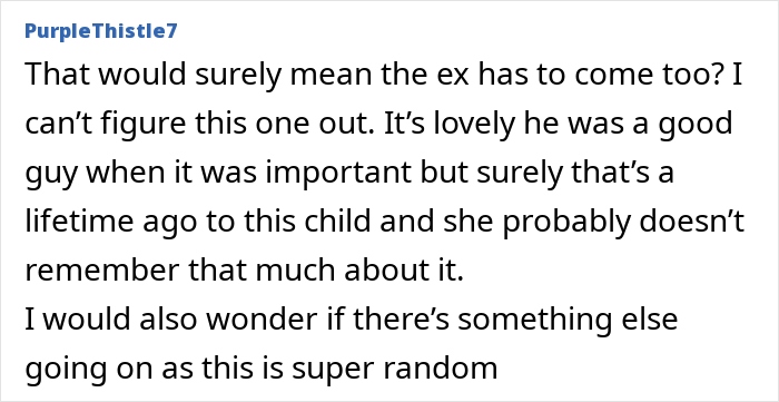 Comment discussing challenges involving a fiance and a non-biological child at a wedding event.