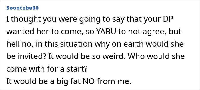 Comment about refusing to invite a non-biological child to fiance's wedding, discussing awkwardness and boundaries.