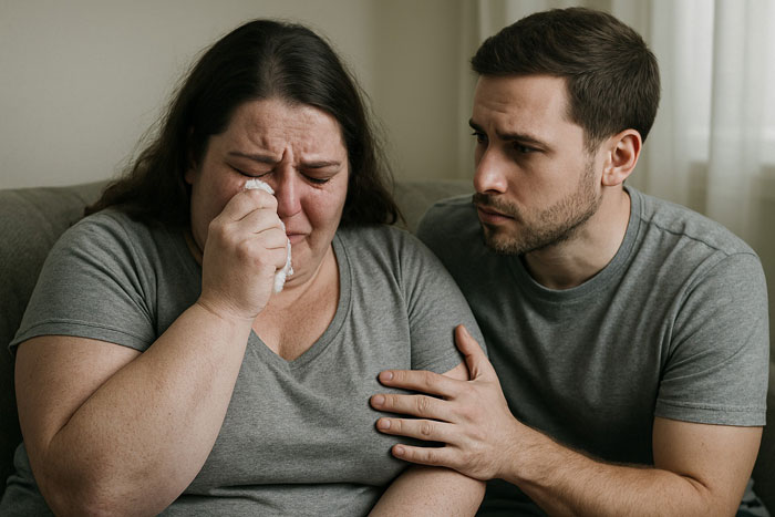 Woman crying and wiping tears while her fiance's sister offers comfort during a difficult wedding invitation moment.