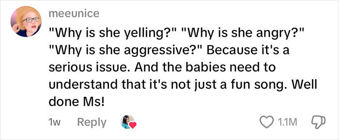 Comment praising a teacher's private parts song for first grade kids, highlighting its serious message and impact. Comment praising a teacher's private parts song for first grade kids, highlighting its serious message and impact.