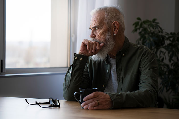 Elderly man with white beard sitting pensively by a window, reflecting on life in prison experiences and challenges.