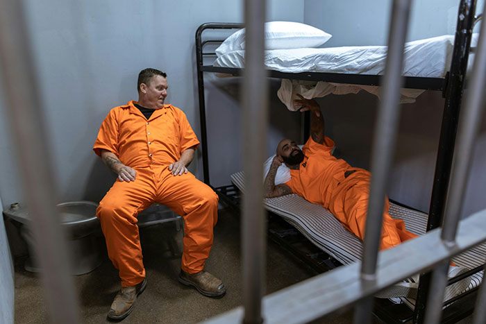 Two inmates in orange prison uniforms inside a cell, one sitting on a chair and the other lying on a bunk bed.