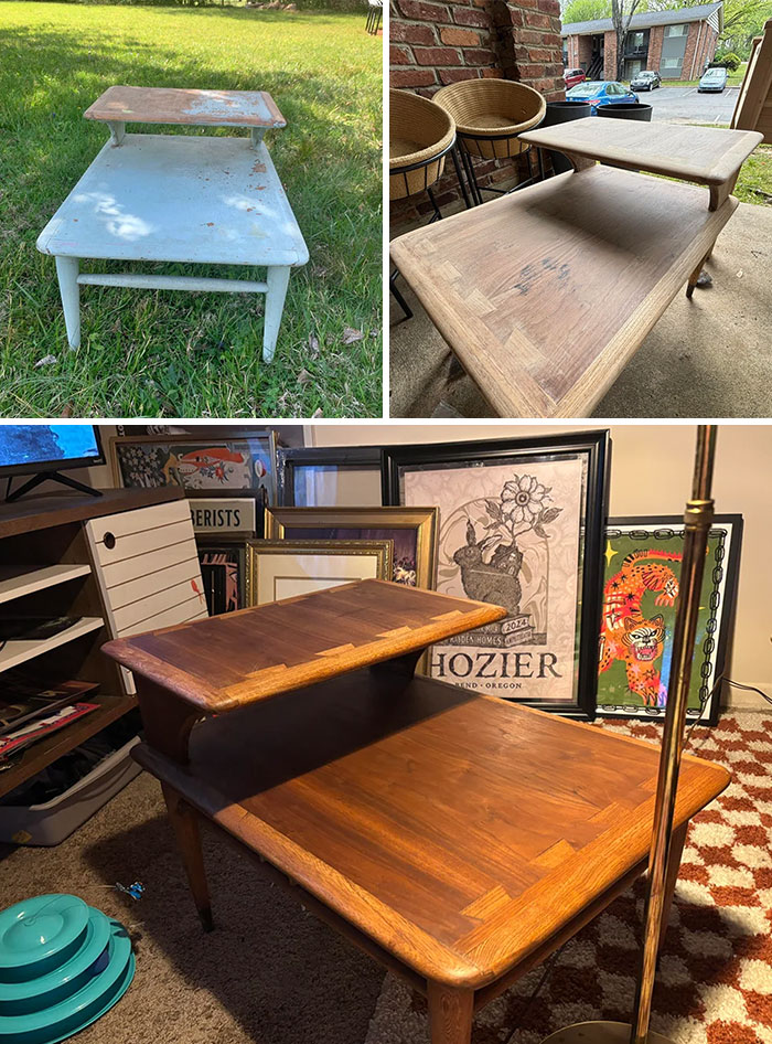 Wooden mid-century modern thrift store table before and after restoration, showcasing impressive thrift store finds quality.