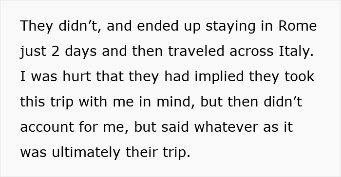 Text excerpt about woman feeling excluded by friends on trips, expressing she is not a hotel, highlighting travel and friendship issues. Text excerpt about woman feeling excluded by friends on trips, expressing she is not a hotel, highlighting travel and friendship issues.