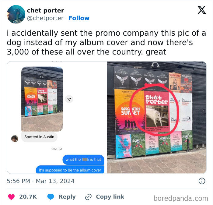 Social media post showing advertising fail with a dog image mistakenly used instead of an album cover poster.