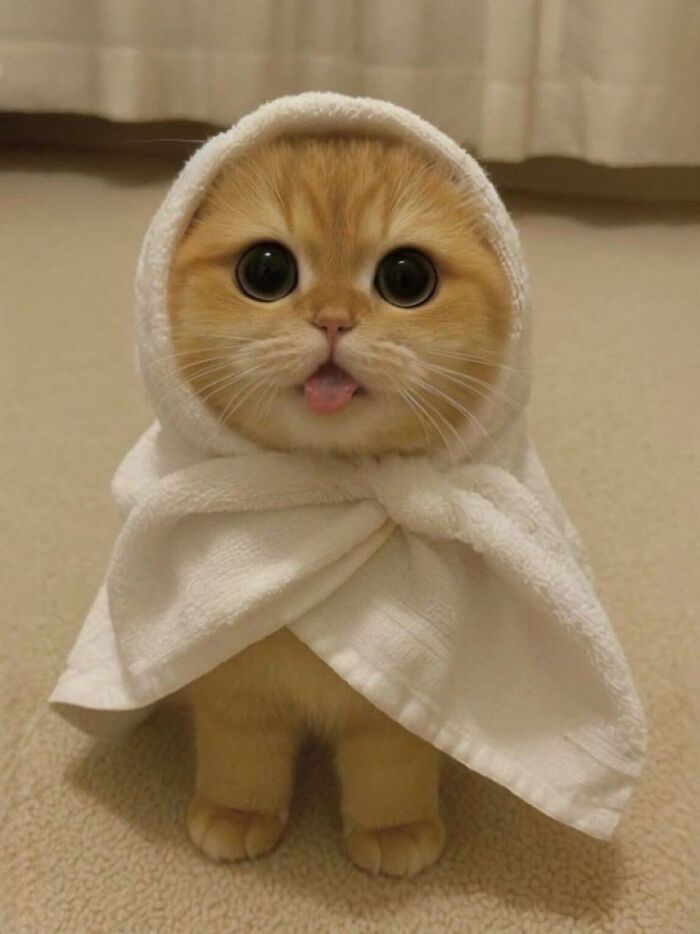 Cute cat with big eyes wearing a white towel in a random place, showcasing funny cat moments people captured.