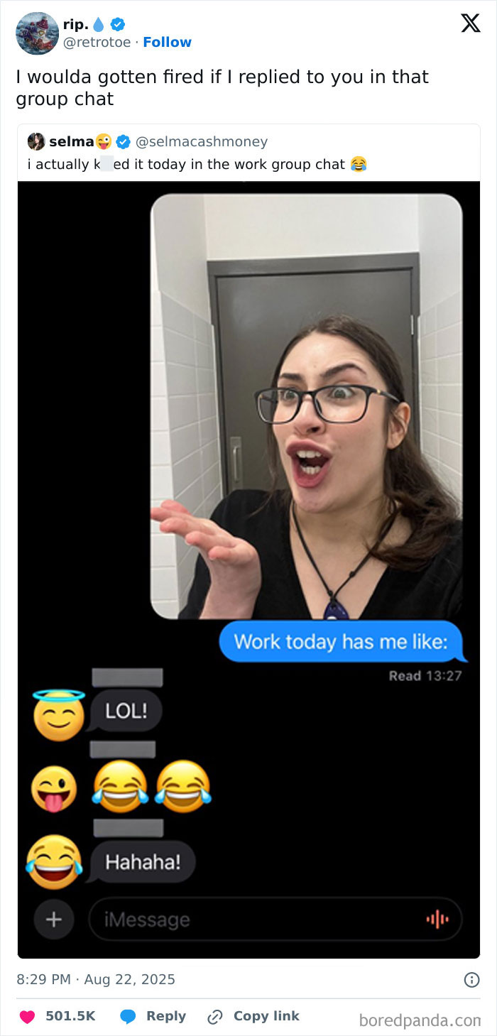 Woman with glasses making a funny expressive face in a relatable tweet about work in August from funny tweets collection.
