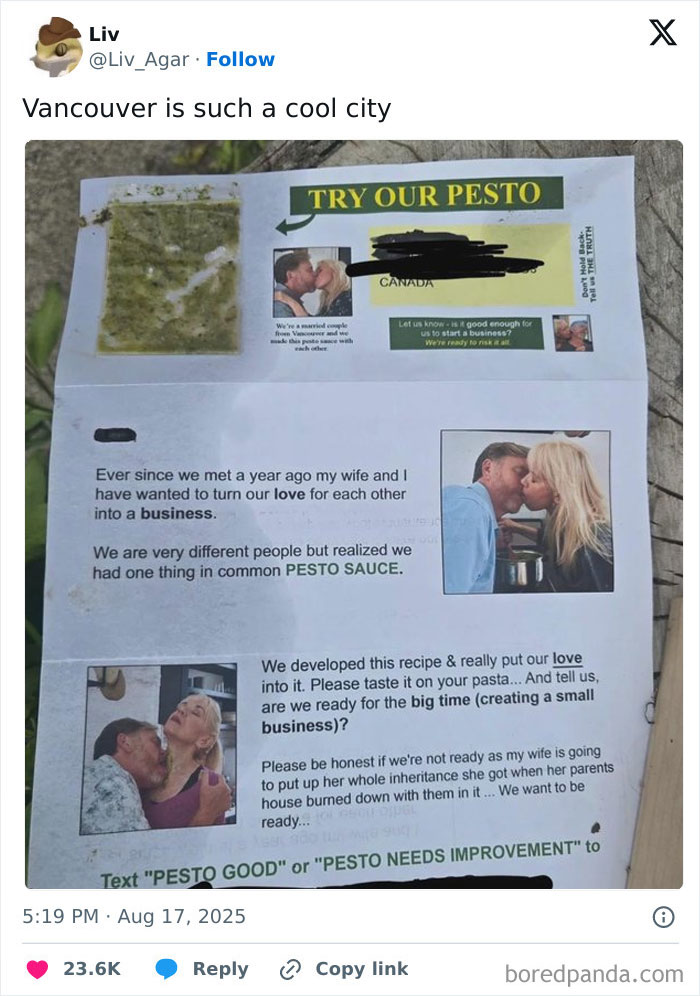 Tweet showing a humorous homemade pesto sauce flyer from a couple turning their love into a business.