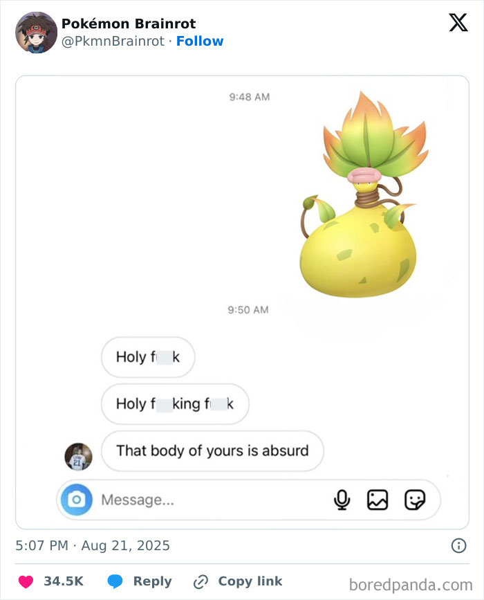 Screenshot of a funny and relatable tweet with humorous messages reacting to a Pokémon character's appearance.