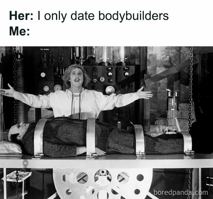 Black and white creepy funny meme showing a mad scientist with a stretched-out arms next to a strapped man on a table.