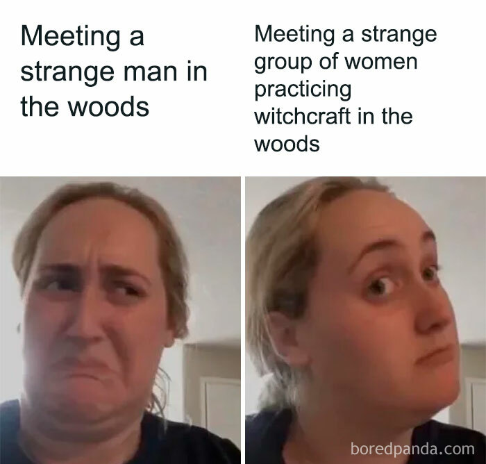 Woman with confused and then intrigued expressions illustrating creepy but funny memes about meeting strangers in the woods.