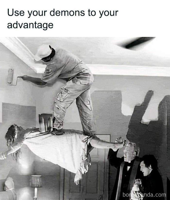 Man painting ceiling standing on levitating woman with priest and demon shadows, creepy funny meme with dark humor.