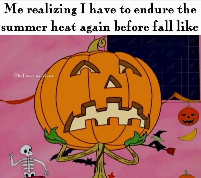 Cartoon pumpkin with a scared face and skeleton, witch, and Halloween decorations in a creepy funny meme for humor lovers.