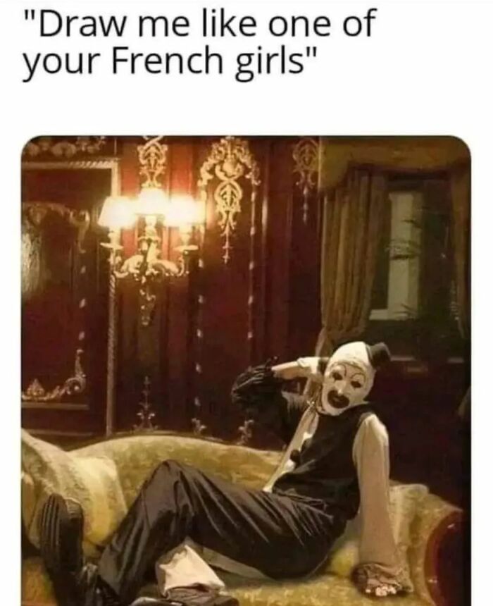 Creepy funny meme featuring a person in black and white clown makeup lounging on a vintage couch.