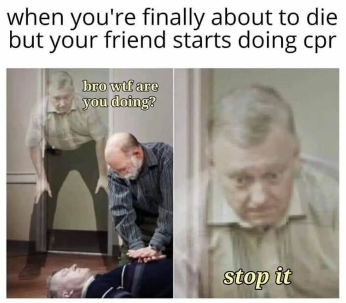 Two men in a creepy but funny meme, one doing CPR while the other looks confused, capturing dark humor moments.