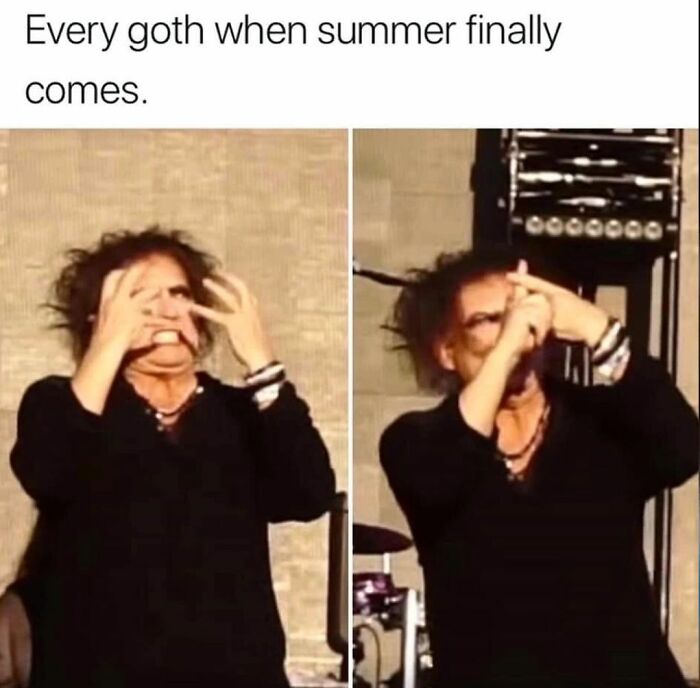 Person in black making exaggerated frustrated expressions, capturing creepy but funny humor for goth and coffee lovers.