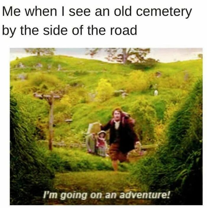Person running excitedly through green countryside with caption about old cemetery, capturing creepy funny meme humor.