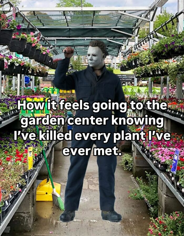 Creepy but funny meme showing Michael Myers in a garden center, humor about k*****g every plant met.