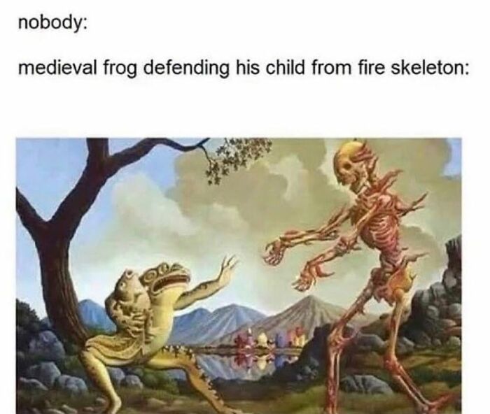Medieval frog defending child from fire skeleton in creepy but funny meme with surreal and dark humor elements.