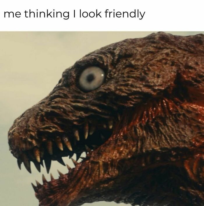 Close-up of a creepy dinosaur face with sharp teeth, paired with a funny caption about looking friendly humor memes.
