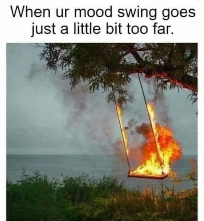 Swing set on fire by a tree near water, illustrating a creepy but funny meme about extreme mood swings.