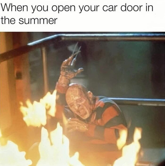 Horror character recoiling from intense heat near flames, illustrating a creepy but funny meme about summer car door heat.